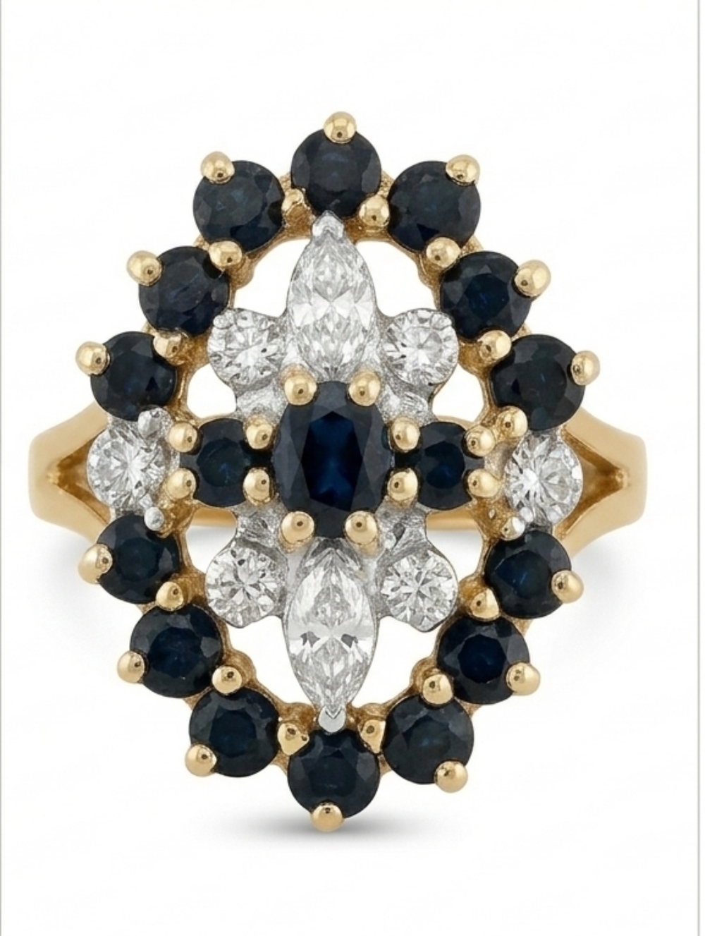14k marquise shaped diamond and blue sapphire ring size 7